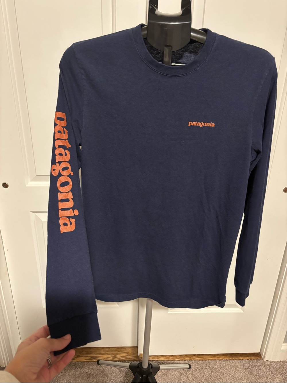 Patagonia Long Sleeve Tee in Navy with Orange Logo